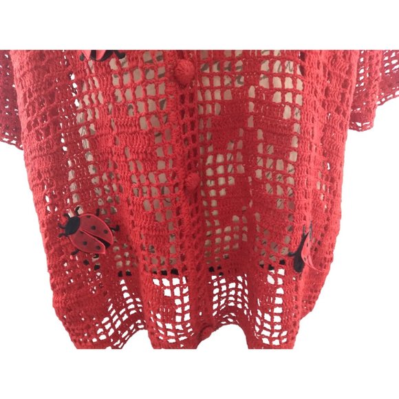 Morgan Cole open knit red button unique cardigan w/ Ladybugs measures Large/XL - Picture 15 of 16
